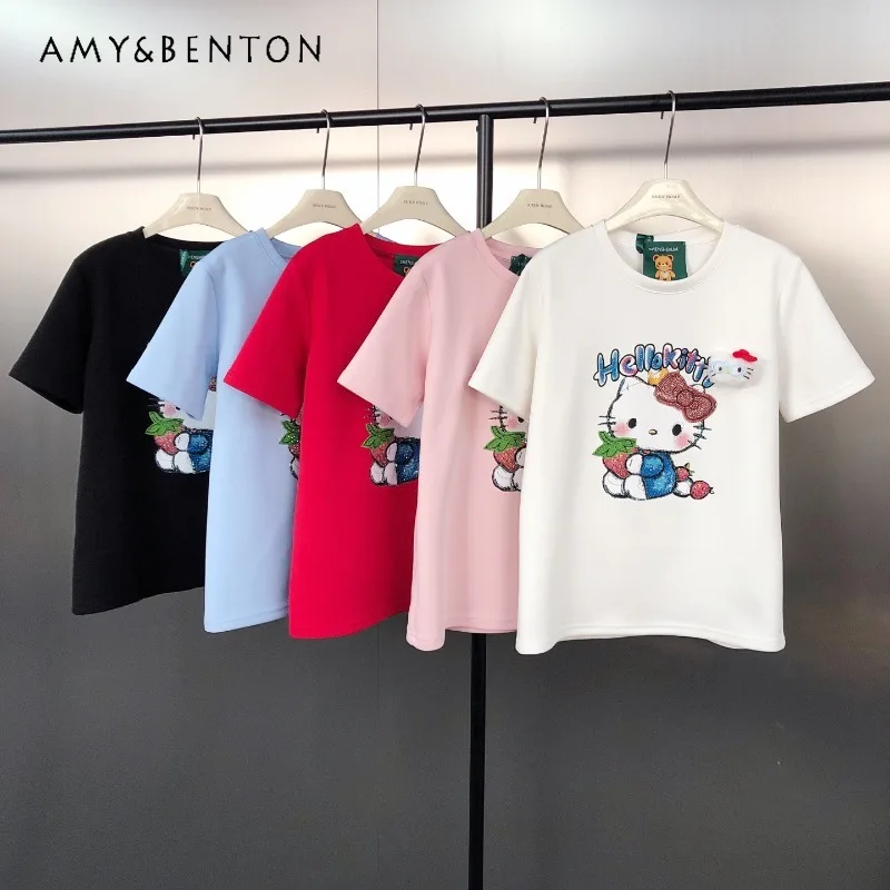 

Korean Style Fashion Design Stylish Versatile T-shirt With 3D Cartoon Rhinestone Print Round Neck Casual Short Sleeved Tshirts