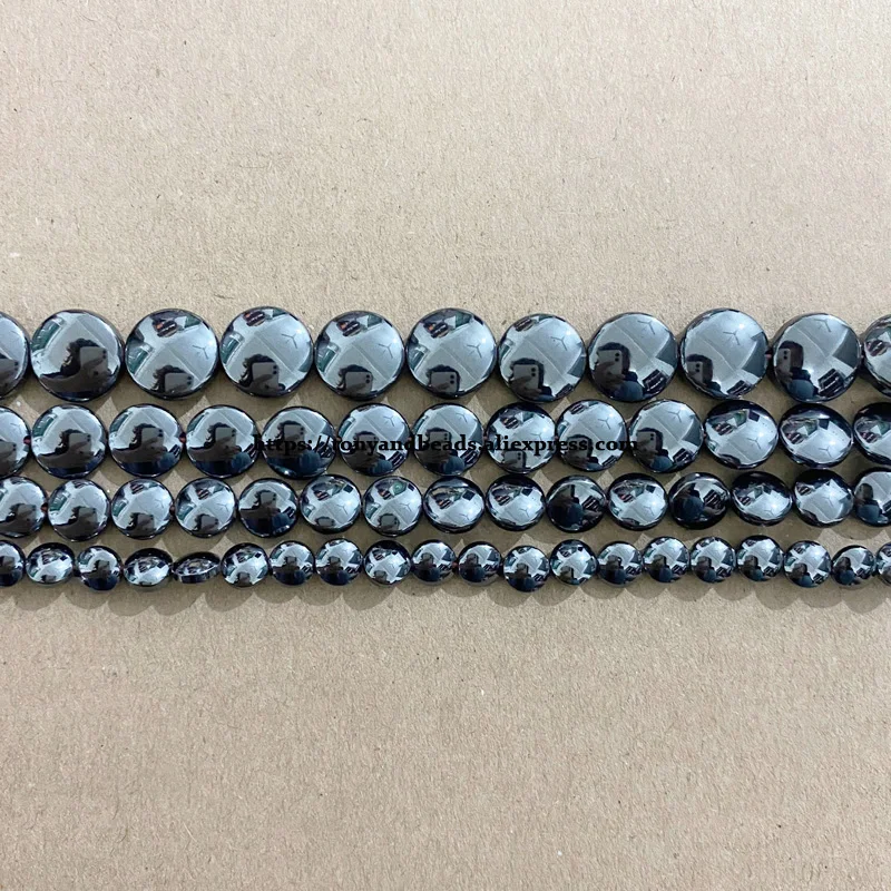 Natural 3D Flat Round Black Hematite Stone Loose Beads 4 6 8 10 12MM 15\