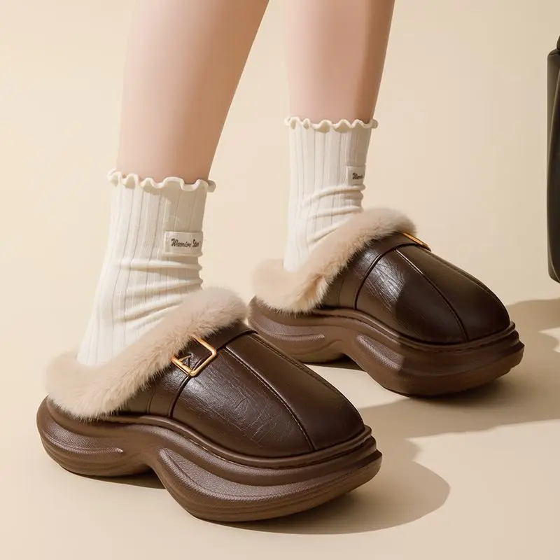 

New waterproof plush slippers for women winter platform clogs shoes home slipper woman buckle fluffy mules leatherette slippers