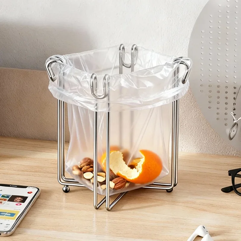 Foldable Garbage Bag Holder Metal Wire Trash Bag Stand Desktop Rubbish Bag Support Frame for Kitchen Countertop Waste Storage