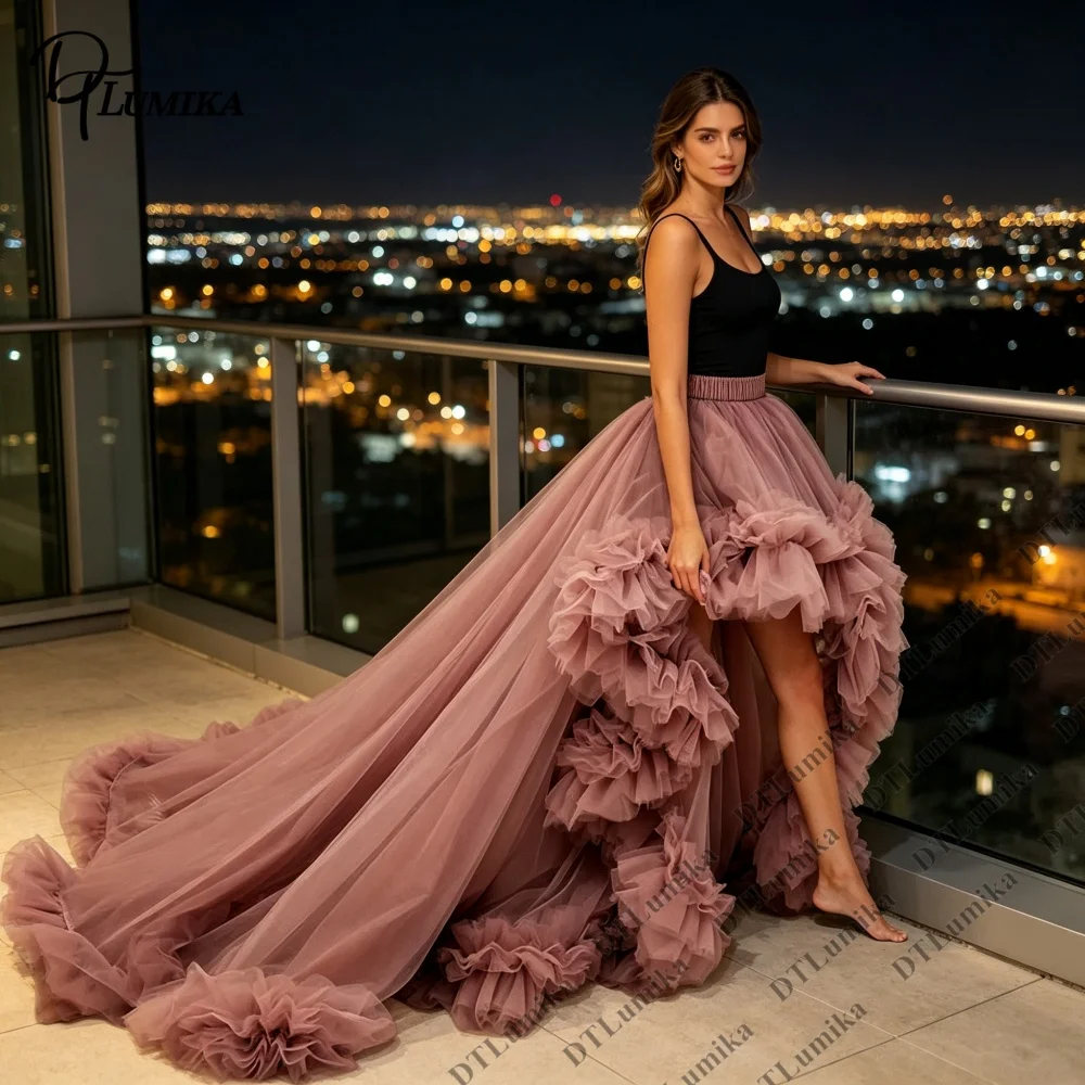 Long Train Tulle Mexi Skirt with Ruched Edge High Low Women Party Prom Wedding Guest Skirt High Elastic Waist Mesh Gown Tailored