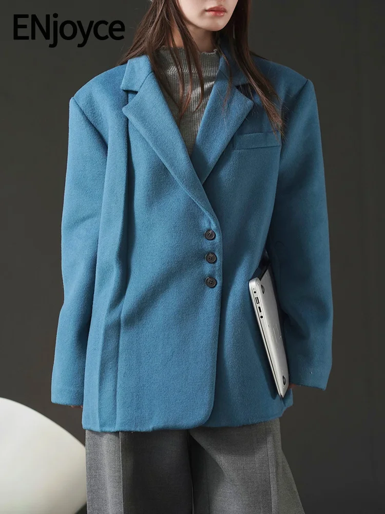 

ENjoyce 2023 Winter Women Vintage Woolen Thick Suit Blazers Jackets Korean Fashion Luxury Brand Loose Warm Lapel Coats