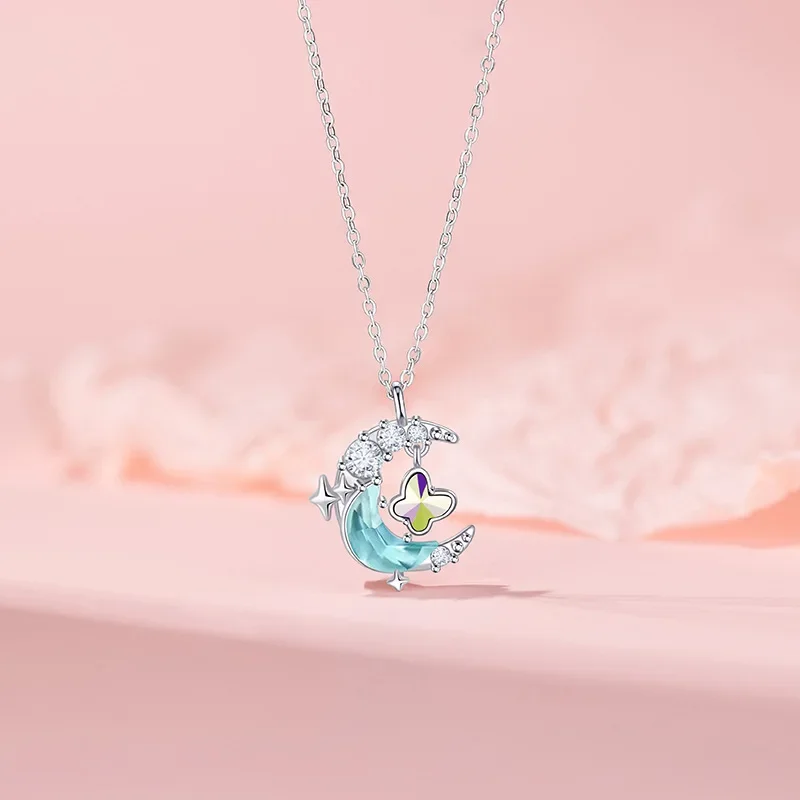 Original Design 925 Sterling Silver Star Moon Butterfly Blue Crystal Pendant Necklace for Women Collarbone Chain Girlish Jewelry