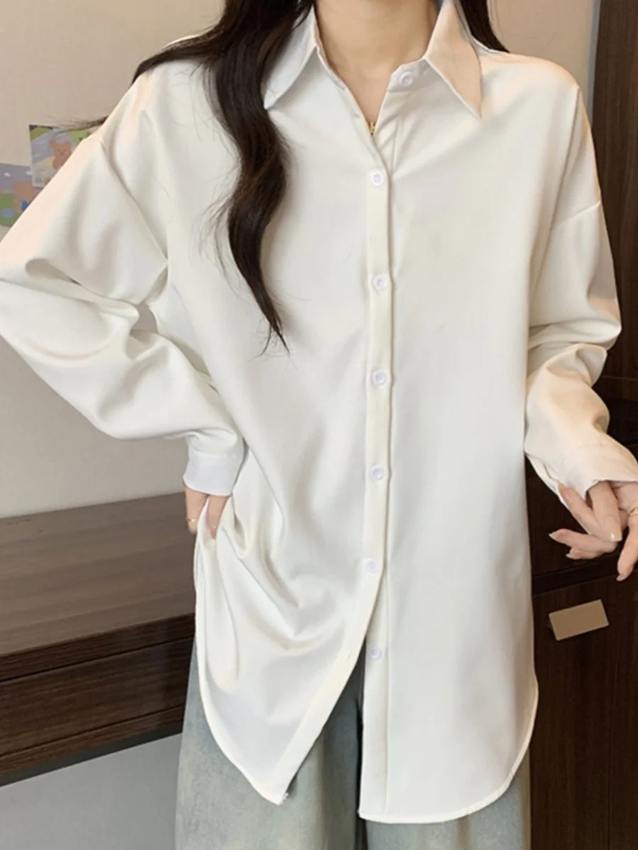 

plus Size Mid-Length White Ne irt Women's Spring Faion Loose Fit Slimming Casual Sle Korean Version Long Sve