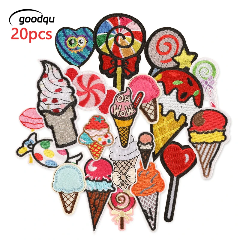 20 Stück Eiscreme, niedliche Aufnäher zum Aufbügeln für Kleidung, Kinder, bestickt, Lutscher, Jacke, Packung, viele DIY-Nähstoffe, thermoklebend – Detail 1