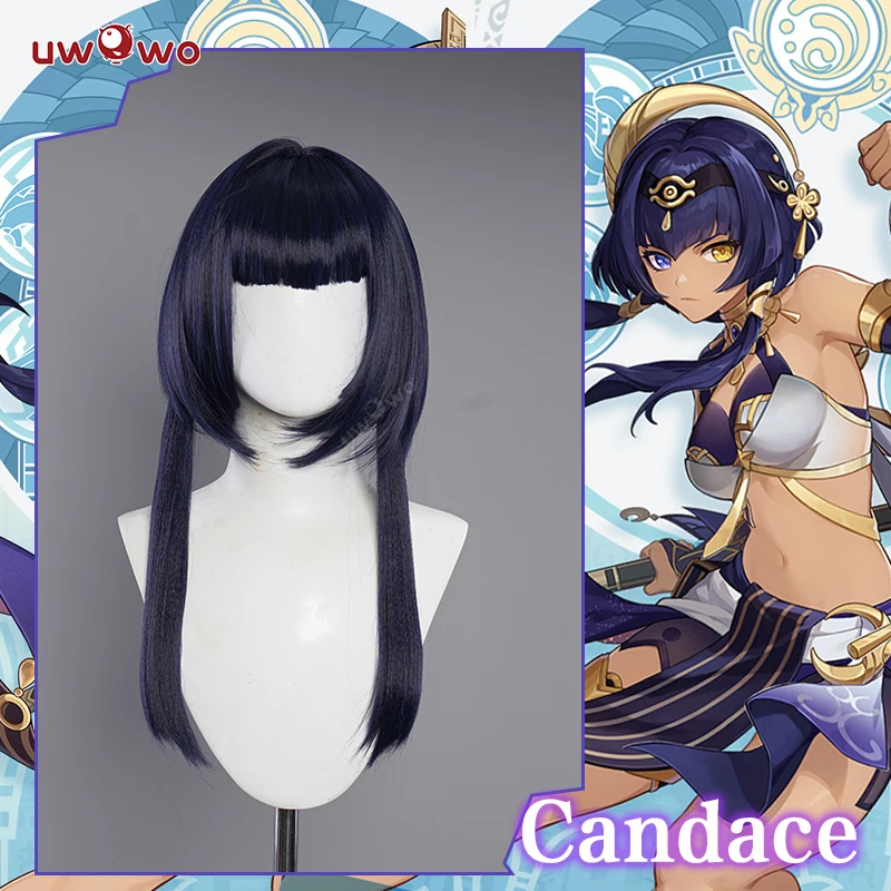 UWOWO Genshin Impact Candace Cosplay Wig Halloween Candace Cosplay Hair Dark Blue 55cm Heat Resistant Synthetic Wigs