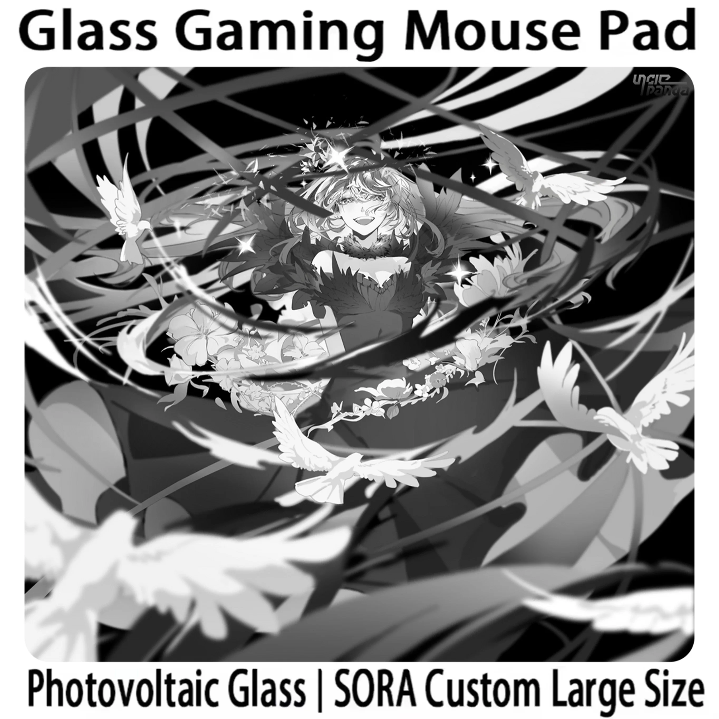 U-Uncle Panda Glass Mouse Pad FREE FEATHER SORA Desktop Mats Micro Etched Honeycomb Surface Smooth E-Sports Gamer Glass Mousepad