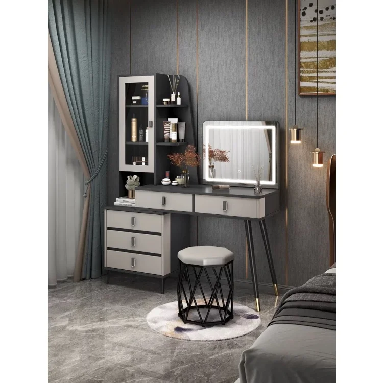 

ⅹ−Black White Modern Wooden Makeup Table Bedroom Furniture Big Light Mirror With 5 Drawers and Chair Dressing Tables&