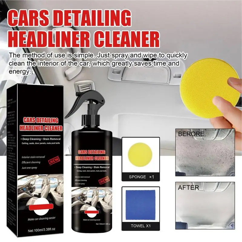 

100ml Car Interior Cleaning Agent Ceiling Cleaner Tools Leather Woven Fabric Water-free Roof Dash Cleaning Agent with Sponge