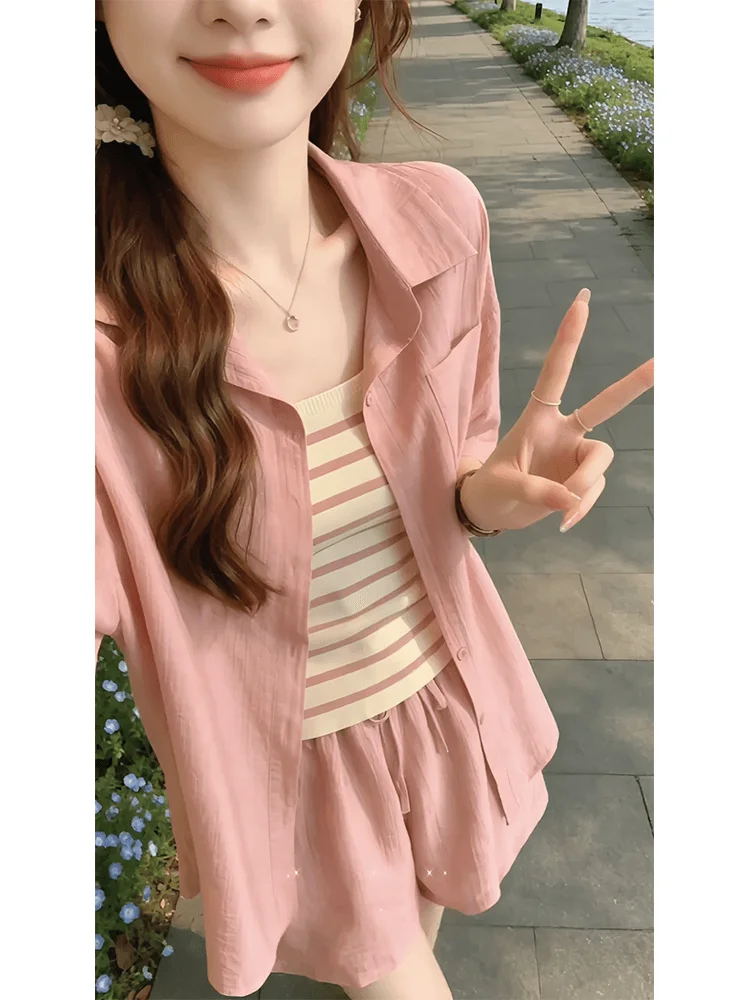 

Summer Casual Women's Three-Piece Set Sun Protection Pink Shirt Loose Fit Shorts High Waist Flip Collar Button Closure
