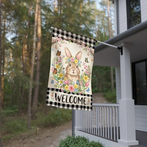Happy Easter Bunny Welcome Flag Spring Decor Eggs Garden Outdoor Double Sided RRI