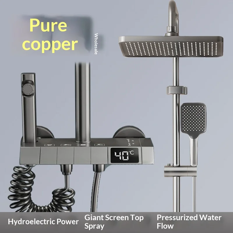 

Комплект для душа из цельной латуни, черно-серый, с цифровым термостатом, роскошная душевая система с усиленным напором, прозрачная насадка для душа