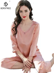 Birdtree 100%Mulberry Silk Pajamas Set Women Lace Simple Elegant Casual Fall Winter Sleepwear Sets Female Spring Summer S30387QM