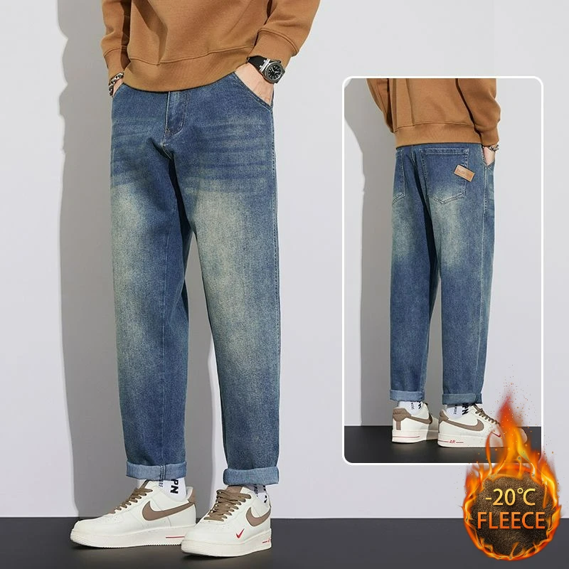 High Quality Casual Jeans New Vintage Straight Fleece Thickening Loose Outside Warm Long Denim Pant Streetwear Men Autumn Winter