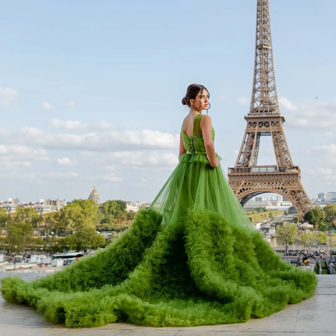 Green Lace Long Formal Dresses With Detachable Train Ruffles Trimmed Puffy Colored Wedding Bridal Dress 2 Pieces Maxi Gowns