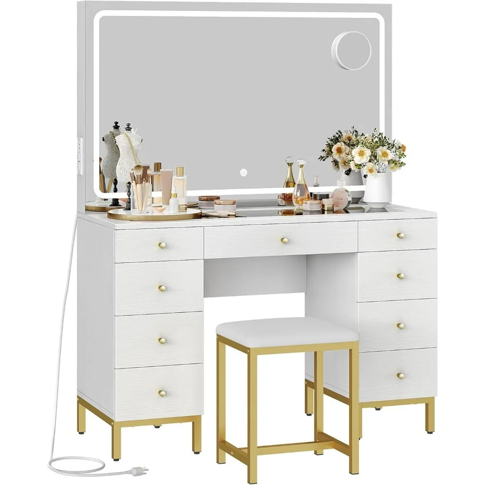 Makeup Vanity Desk Set with LED Mirror & Charger Station, Glass Top Vanity with 9 Drawers and Adjustable 3 Color Lighting Modes