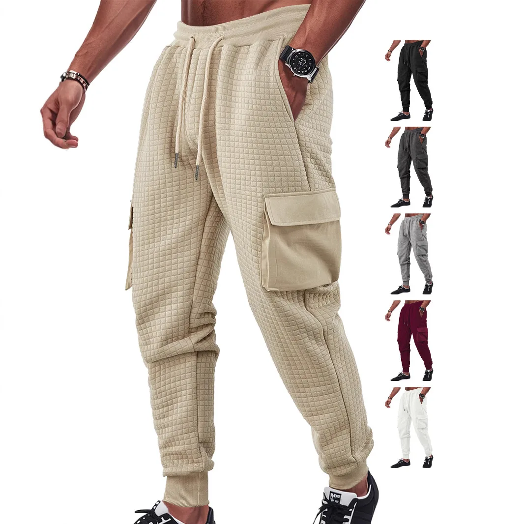 

European and American spring and autumn pants men's casual sports multi-pocket jacquard small checkered casual overalls