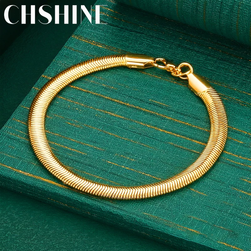 925 Sterling Silver 18K Gold  6MM Flat Snake Chain Bracelet Elegant Fashion Jewelry for Women Wedding Party Gift