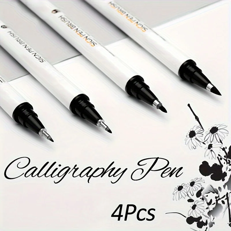 Ensemble de 4 stylos pinceaux de calligraphie, pinceaux souples extra-fins, petits, moyens et grands, de type stylo, pour la pratique de l'écriture et la signature.