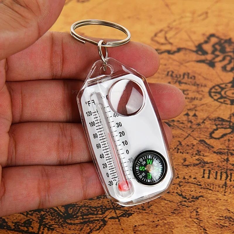 3 in 1 Keychain Compass Portable Mini Keychain Outdoor Thermometer Magnifying Glass Compass, Camping Essentials, Survival Tools,