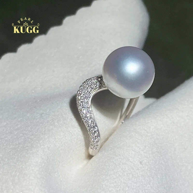 

KUGG PEARL18K White Gold Rings 11-12mm Real Natural Australian White Pearl Ring for Women Fashion INS Style Diamond Jewelry