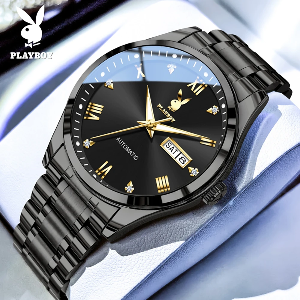PLAYBOY 3901 Simple Mechanical Movement Watch Week Date Calendar Window Stainless Steel Strap Luminous 30M Waterproof Watch