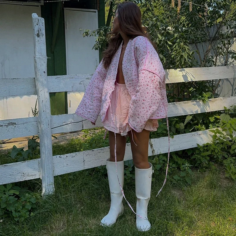 الحلو الأزهار طباعة المرأة القطن معاطف Y الرقبة الدانتيل يصل كم طويل فضفاض سترة دافئة موضة السيدات عادية التنقل ملابس خارجية