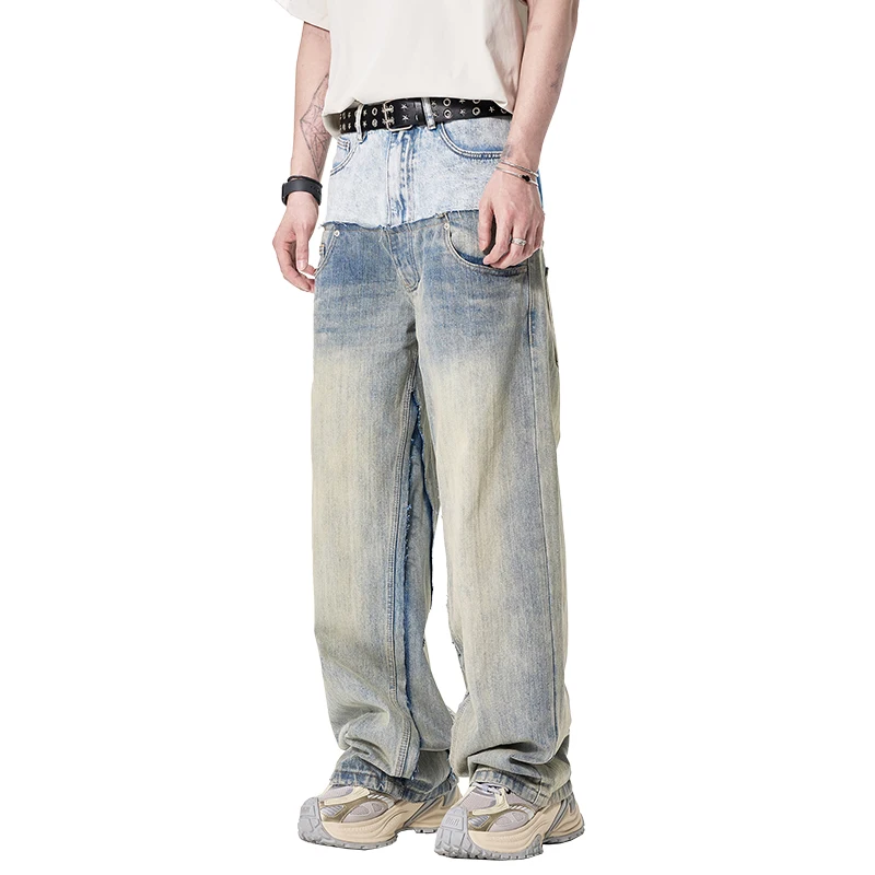 Vintage Heavy-duty Washed Distressed Double Waist Patchwork Gradient Baggy Jeans Men Streetwear Hip Hop Ripped Denim Jeans Pants