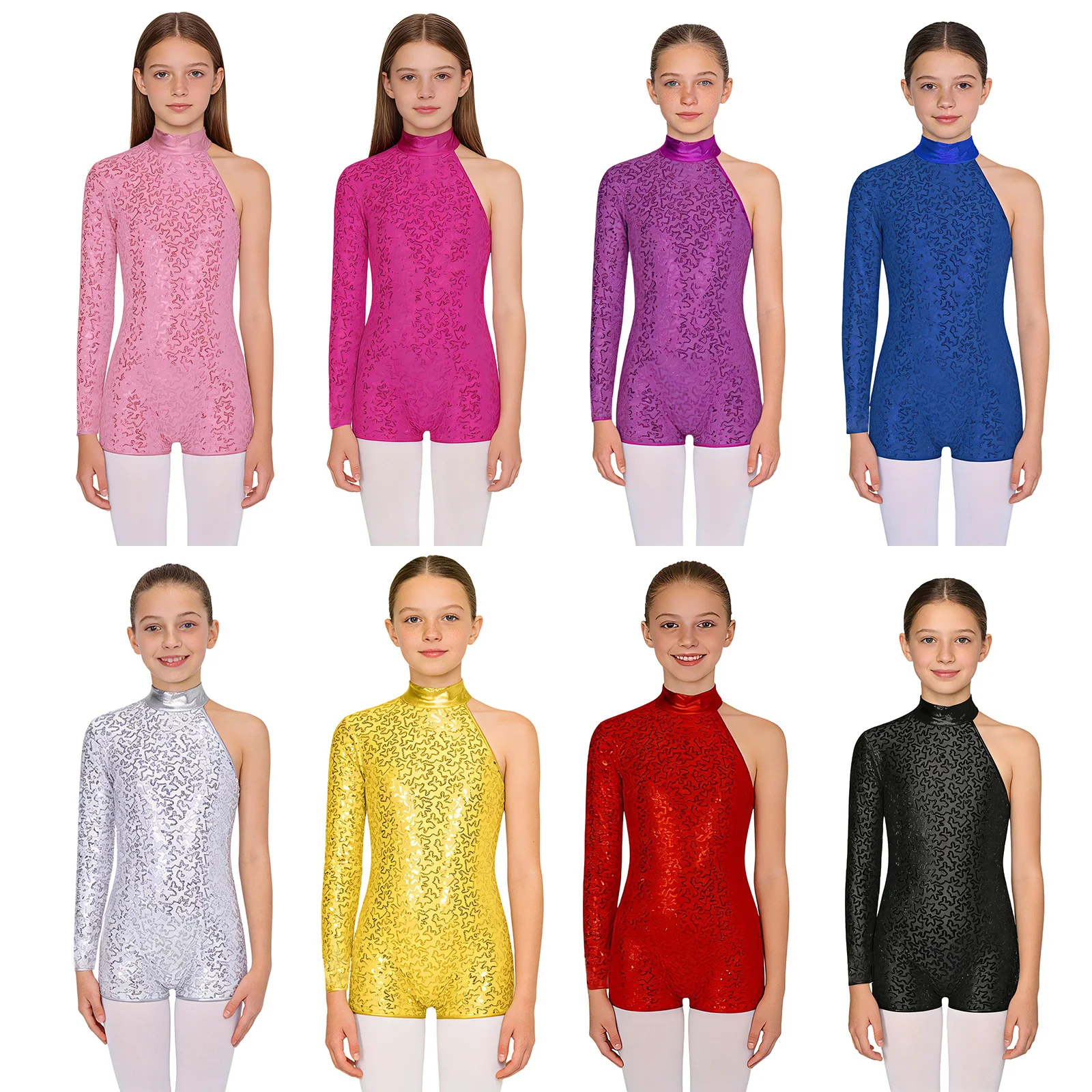 Kids Shorty Unitard Gymnastics Jumpsuit One-shoulder Shiny Sequins Leotard Fashion Children Girls Latin Jazz Dance Costume