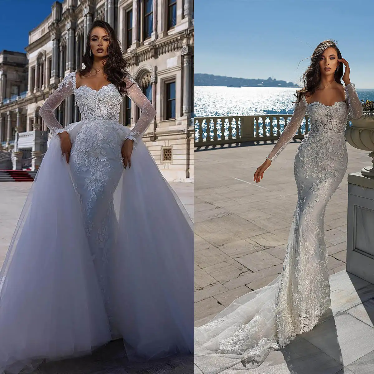 Sexy Mermaid Wedding Dresses Sweetheart Shiny Pearl Appliques Lace Beading Bridal Gown Sweep Train Vestido De Noiva Customized