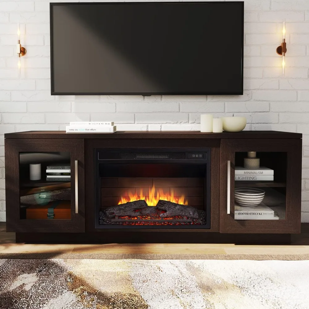 

Fireplace TV Stand for TVs up to 65’’,TV Cabinets w/ 6 Storage Shelves & Barn Door, w/Remote Control & Adjustable