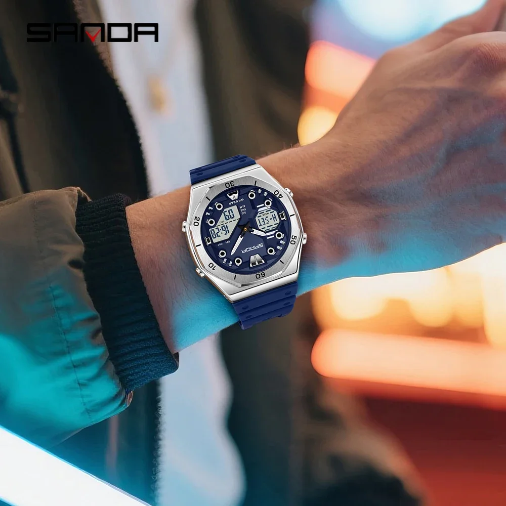 SANDA 6306 موضة ساعة إلكترونية للرجال عرض مزدوج متعدد الوظائف ضوء الليل ساعة تنبيه مقاوم للماء ساعة كول للجنسين 2026