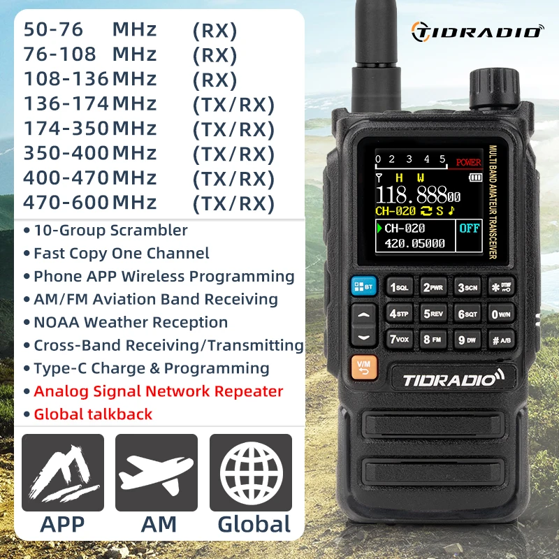 TIDRADIO H3 Plus Radio Komunikator Dalekiego Zasięgu z Ulepszonymi Funkcjami Bluetooth, Pasemkami Lotniczymi, Bezprzewodowym Programowaniem i Obsługą Wielu Języków
