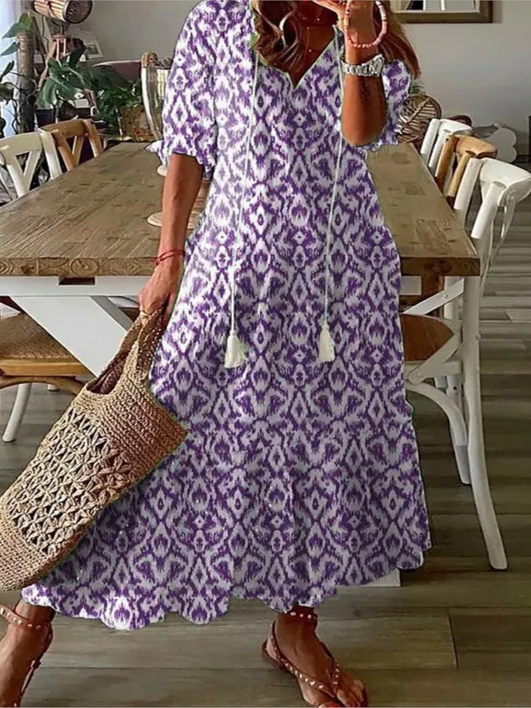 Elegant Boho Floral Print Beach Long Dresses For Women Fashion RufflesV-neck Short Sleeve Casual Sweet Loose Maxi Dress