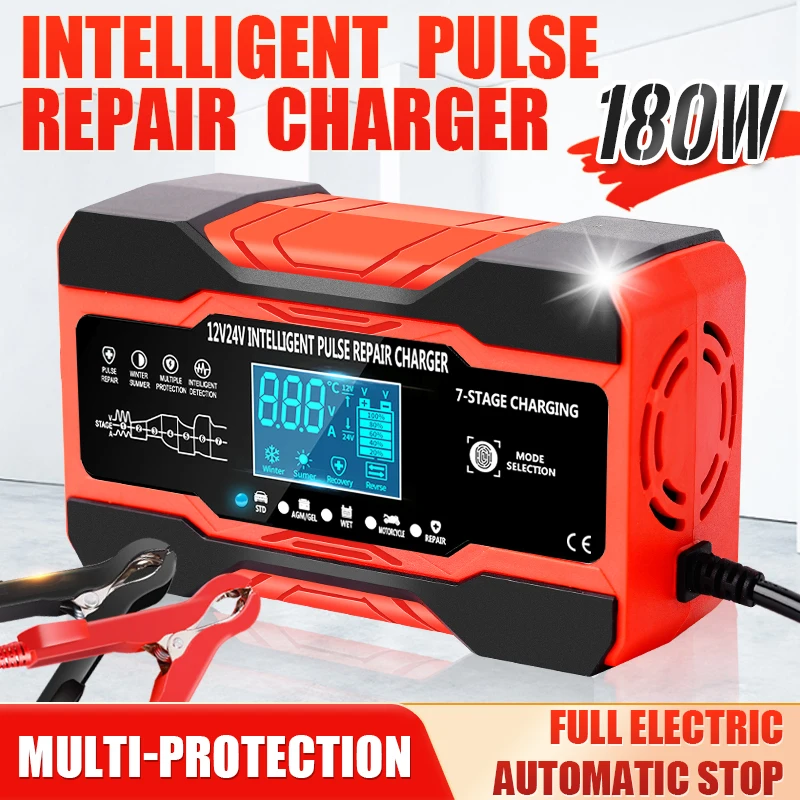 

12V 10A 24V 5A Battery Charger Smart Fast Charging for Car Batteries 7-Stage Charge Pulse Repair for AGM GEL WET Lead Acid