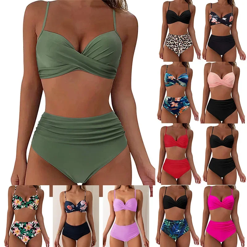 2025 new multi-color printing split-type solid-color one-piece swimsuit, high-waisted style, suitable for party wear.