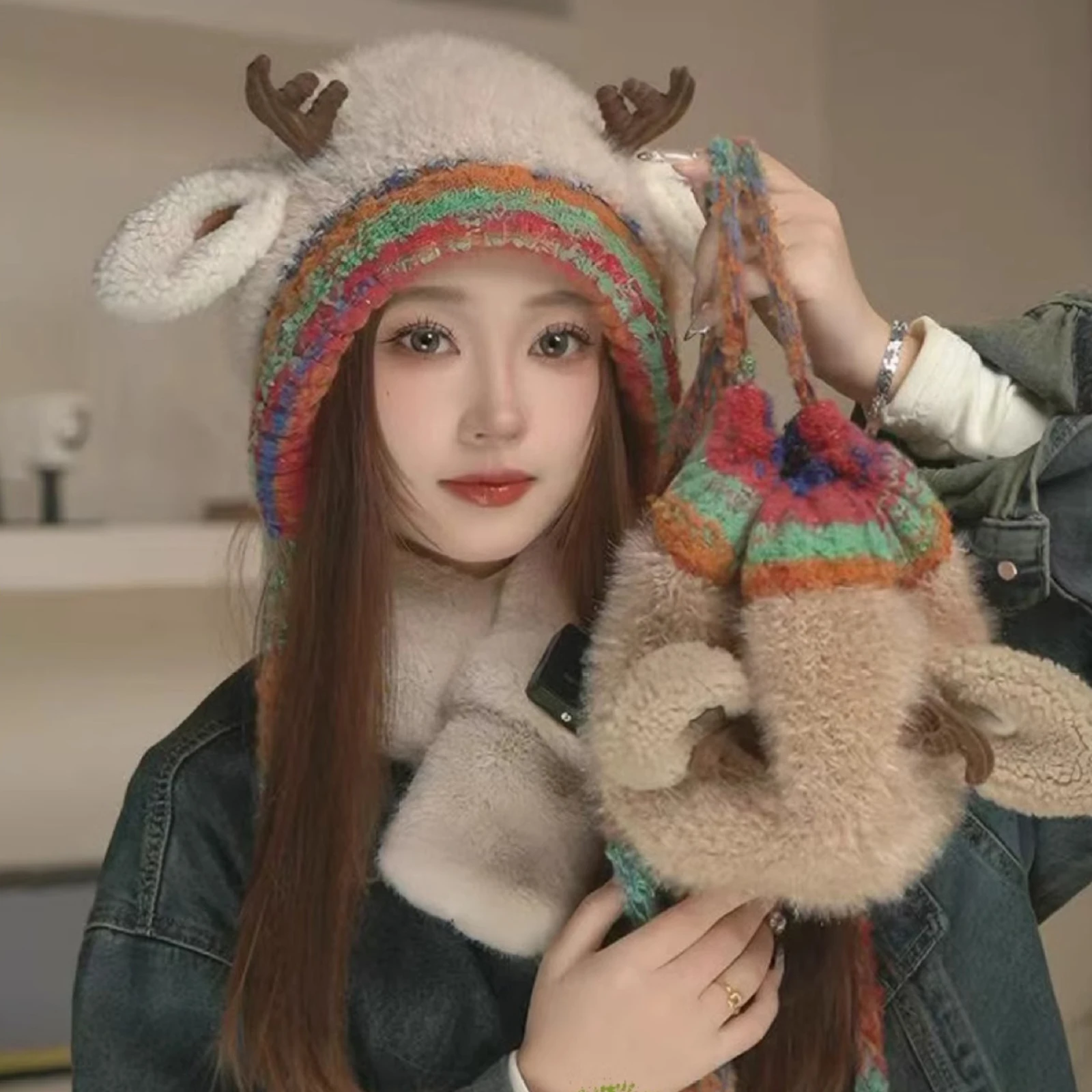 2 في 1 الغزلان تخزين قبعة يندبروف عيد الميلاد قرن الوعل قبعة طوي احتفالي الدافئة غطاء للأذن قبعة المرأة الخريف الشتاء حقيبة يد #5