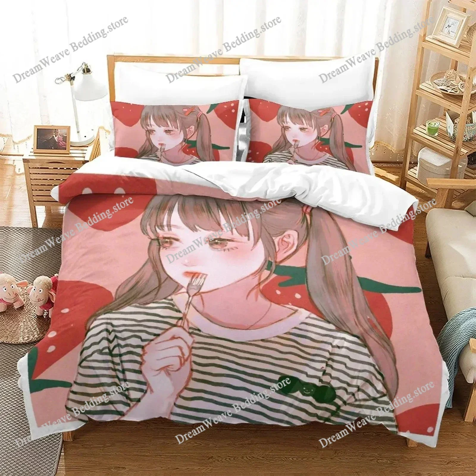 3D Print Aesthetic Girl Art Strawberry Bedding Set Duvet Cover Bed Set Quilt Cover Pillowcase Comforter King Queen Size Adult741