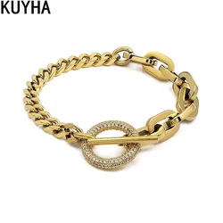 Classic Thick Cuban Link Chain Bracelets Female Gold Color Stainless Steel CZ Crystal Stones Link Hand Chains for Women