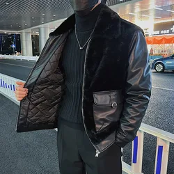 2023 Winter Leather Fur Integrated Splices Jackets Men's Thicken Warm Casual Social Motorcycle Leather Jacket Fashion Streetwear