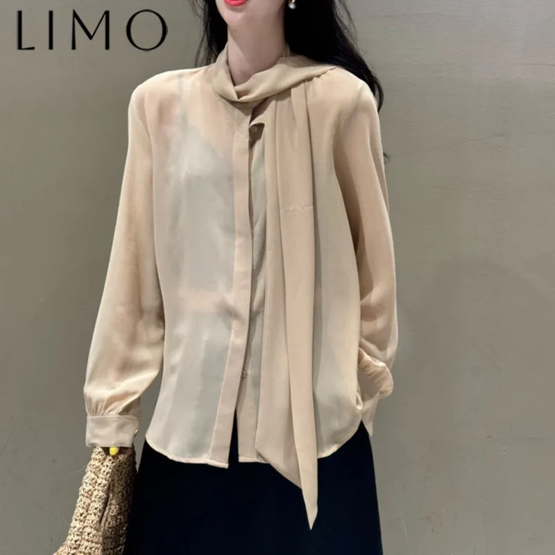 

LIMO Elegant Tie-Neck Blouse Women Fashion 2025 Slimming Batwing Sleeve Top Casual Loose Fit Versatile Chic Shirt Trendy Relaxed