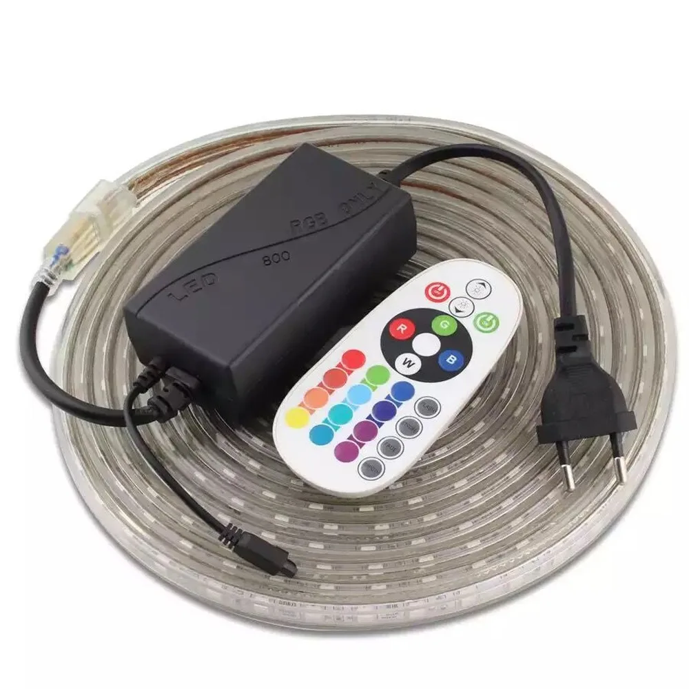 Waterproof RGB LED Strip Light EU 220V Remote Controller Changing Color Neon Ribbon Lamp 60leds/m Multicolor Garden Decoration