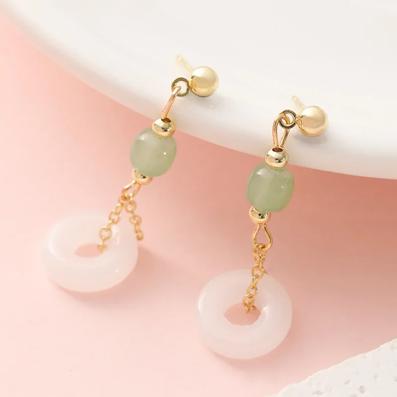 Natural Real Jade Ring Earrings Stone Amulets Vintage Jewelry Gift Gemstone Ear Studs Talismans Charm 925 Silver Accessories