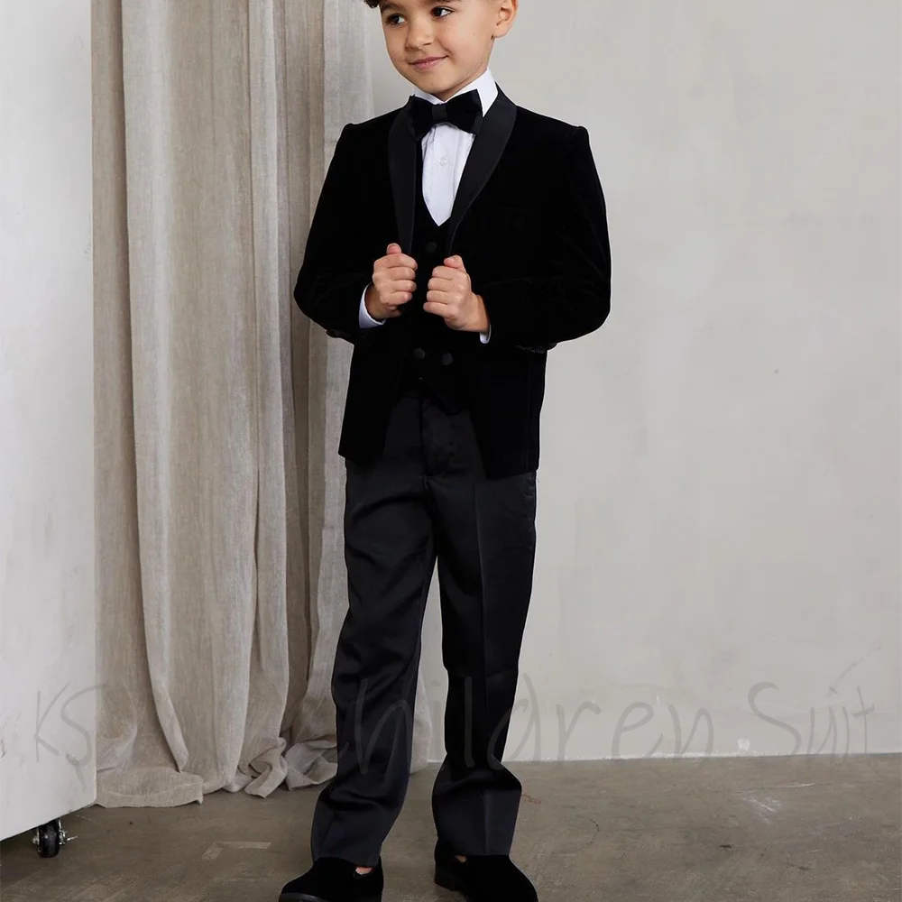 Formal Elegant Suit For Kids Boys Autumn Velvet Blazer Set 3 Piece Jacket Vest Pants Shawl Lapel Graduation Boy's Tuxedo