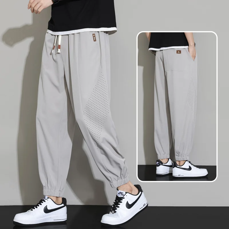 

Summer Ice Silk Quick-drying Mesh Trousers For Men Casual Sports Drawstring Straight Pants Gym Running Baggy pantalones hombre