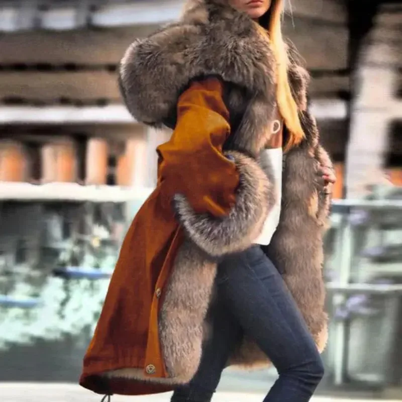 2023 Women Fur Collar Cosy Fur Coat Winter Jacket Long Women Mink Cap Collar Long Coat Liner Hooded Parkas Fox Fur Thicken Coat