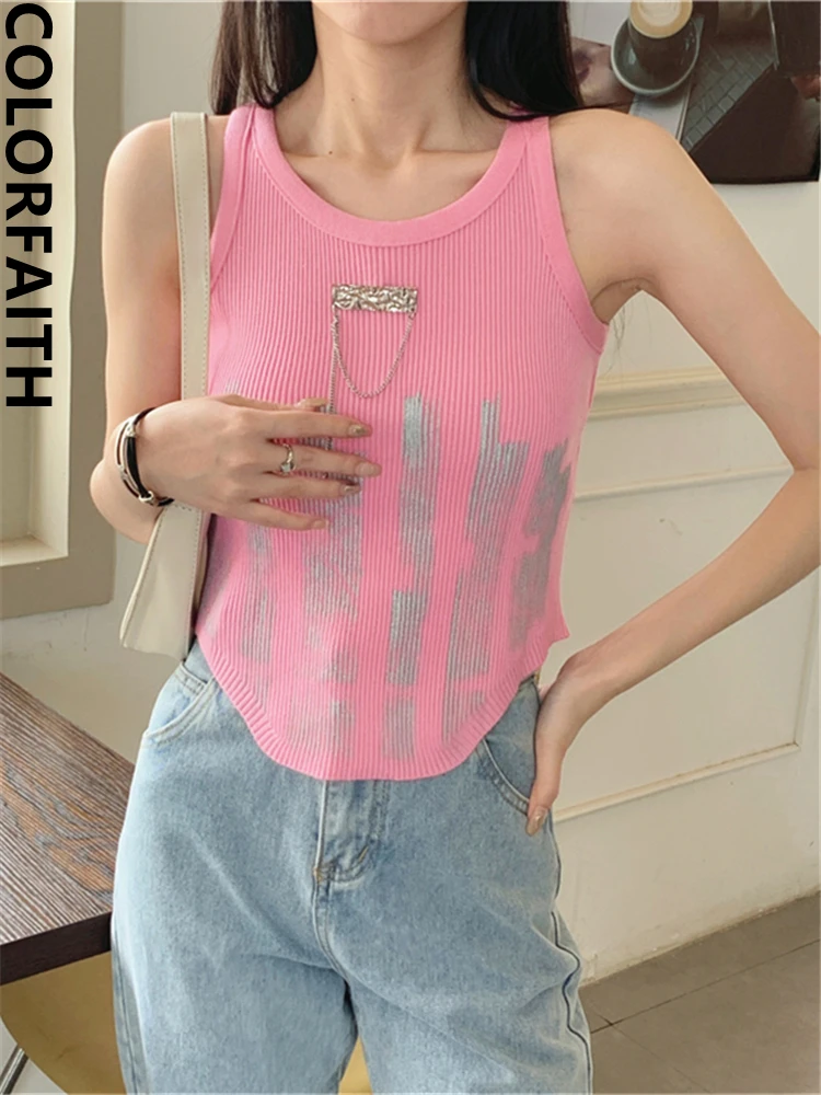 Colorfaith V6137DG New 2024 Pink Chain Sexy Knitted Basic Bottoming Elasticity Vests Women Spring Summer Tank & Camis Crop Tops