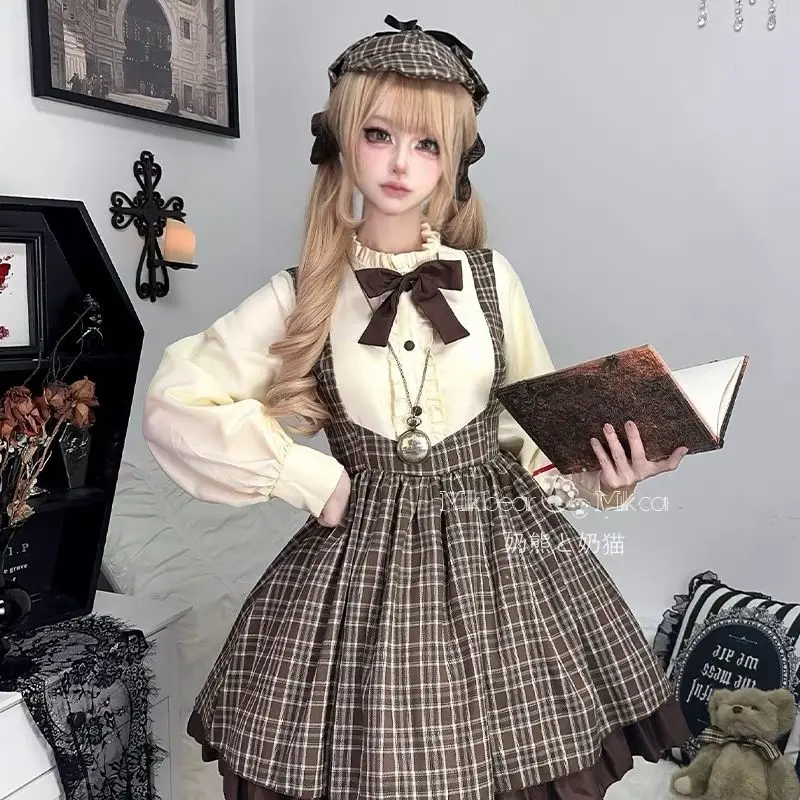 ชุดคอสเพลย์นักสืบฮาโลวีน ชุดมินิเดรสปาร์ตี้สไตล์พังก์ Y2k ชุดสไตล์พรีปปี้ ชุดโลลิต้ากอธิค ชุดเดรสลายสก็อตพร้อมเสื้อคลุมสำหรับผู้หญิง