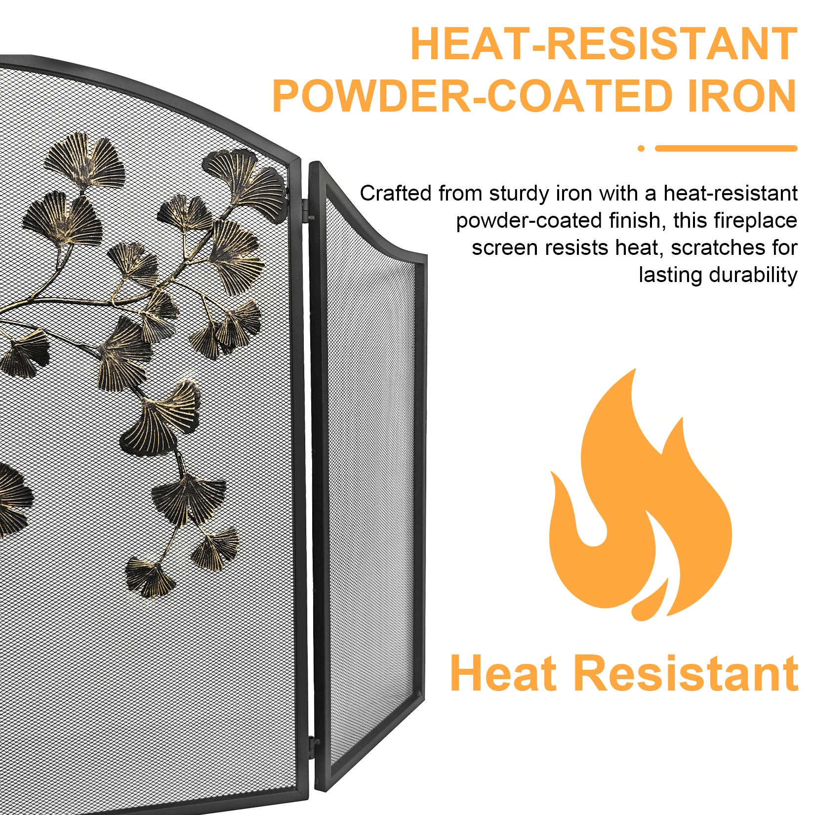 Unho 3 Panel Fireplace Screen with Ginkgo Leaf Foldable Spark Guard Freestanding Decorative Wrought Iron Cover for Living Room