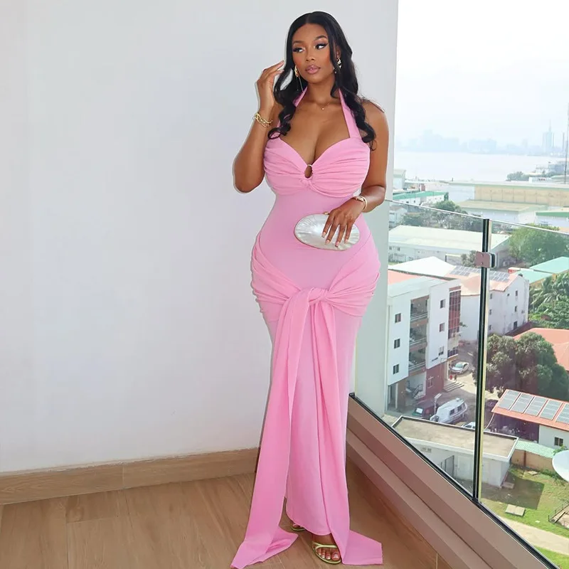 Damen Neckholder-Maxikleid mit O-Ring-Ausschnitt, drapiertem Brustdetail und gerafftem Rücken – figurbetontes Meerjungfrauenkleid für sexy Party- und Abschlussball-Outfits